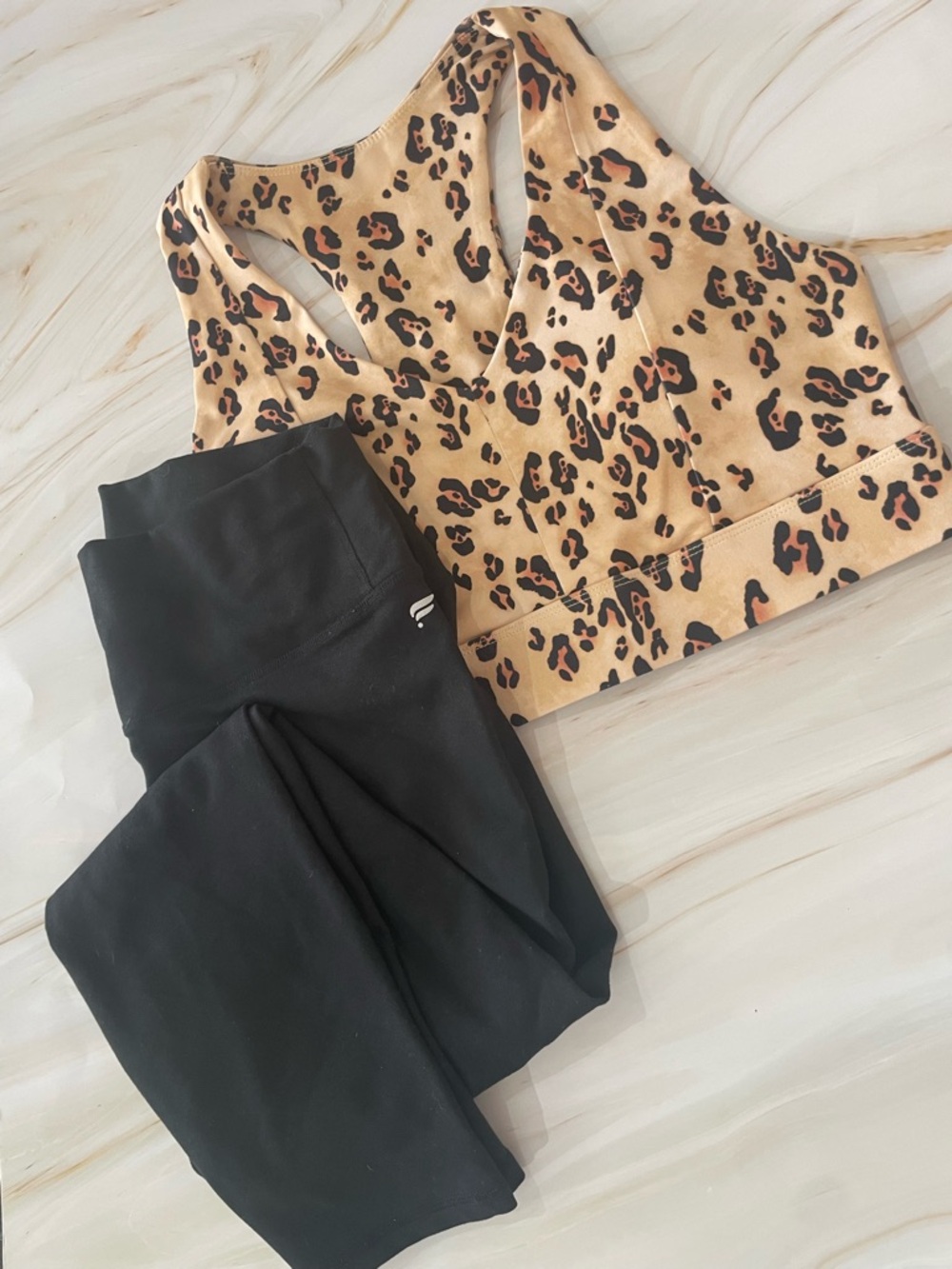 Fabletics Leopard Print Sports Bra and Black Leggings Set